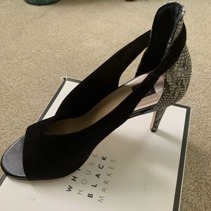 WHBM High Heel Peep-Toe Pump.  Brand New in Box.  Size 8.5 Suede + Snakeskin.